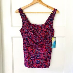 Mazu Swim Tankini Ruched Front Wide Strap Navy Geometric Print Top Size 12 NWT